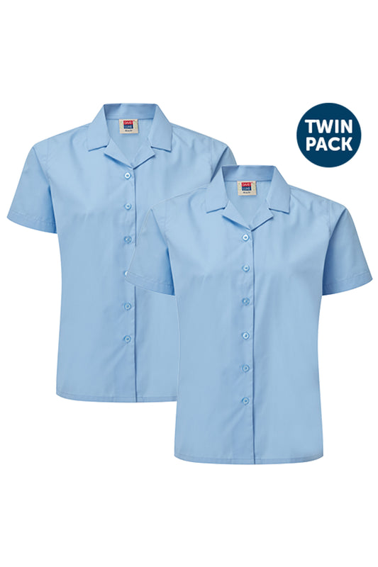 85 Girls Eco S/S Blouse with Revere Collar (2pk) - 85 Blue Front 1