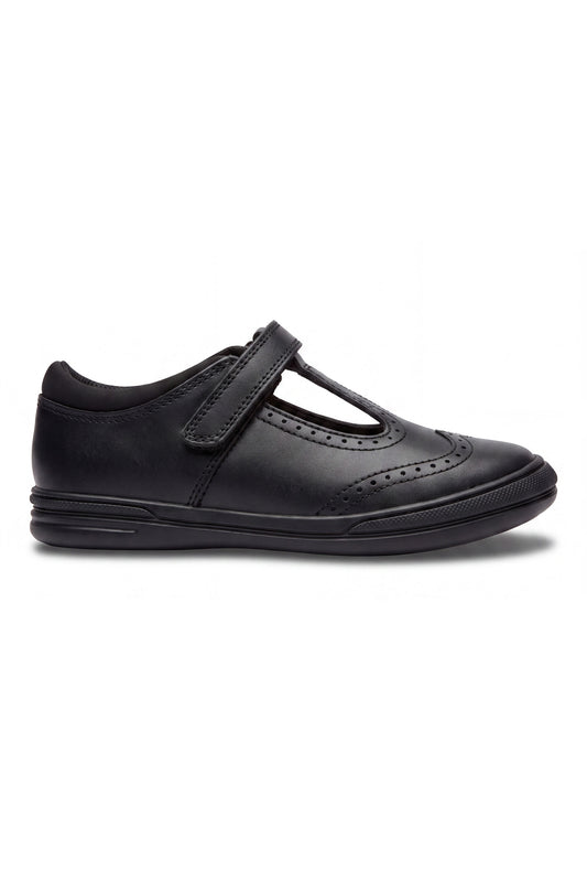 TF002 Emeline Girls' Black Leather Touch-Tape T-Bar Brogue School Shoe