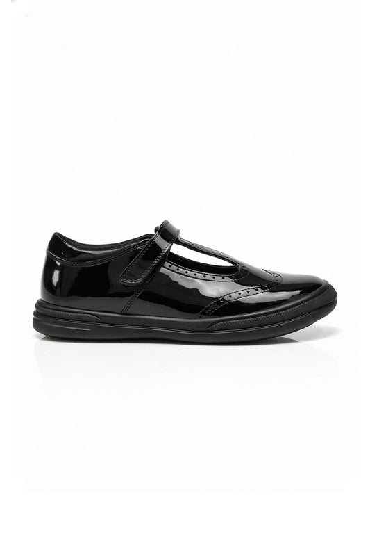 Emeline Girls' Black Patent Touch-Tape T-Bar Brogue School Shoe