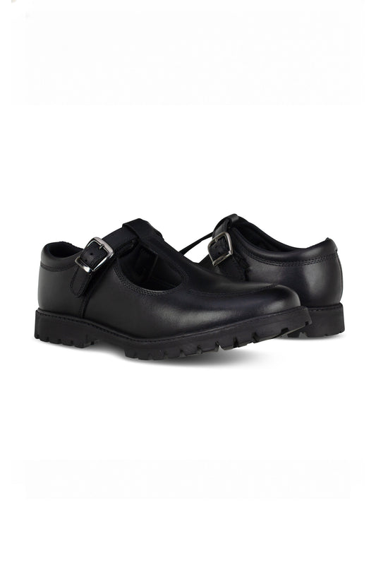 Emeline Girls' Black Leather Touch-Tape T-Bar Brogue School Shoe