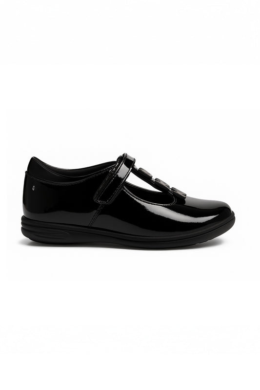 Vanessa Girls' Black Patent Butterfly T-Bar School Shoe